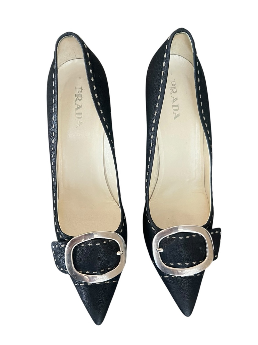 Prada Women’s Vintage Y2K Silver Buckle Black Leather Point Toe Heels Size 40 - Picture 3 of 10